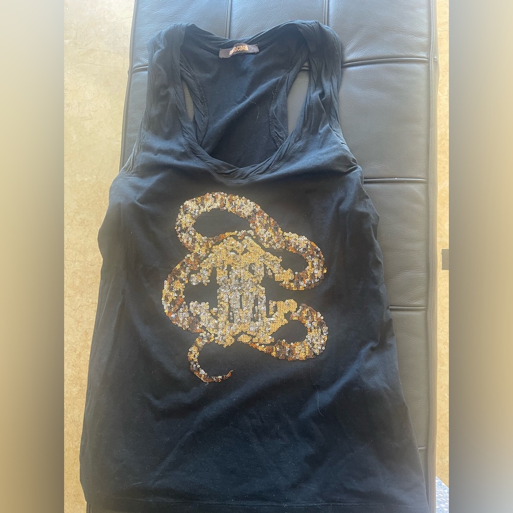 VINTAGE ROBERTO CAVALI Black Tank Top with Gold Sequin Snake Design